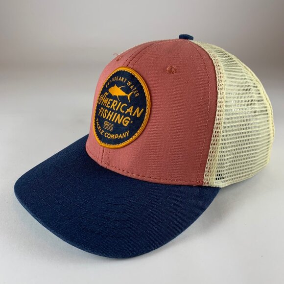 AFTCO Mens Pink Navy Blue Beige Snapback Trucker Hat - Picture 1 of 4